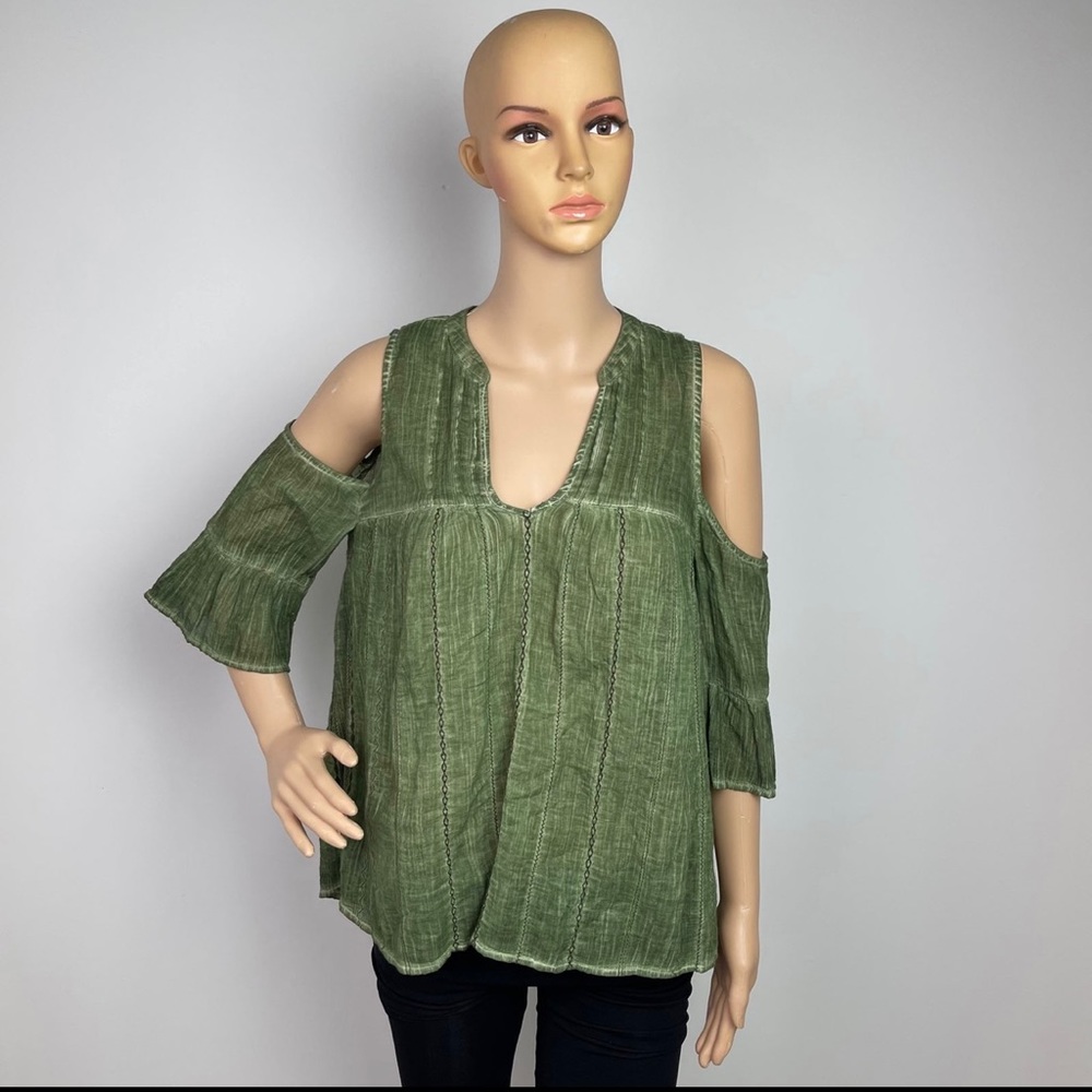 Cold  Shoulder Scoop Neck Ruffle Green Blouse